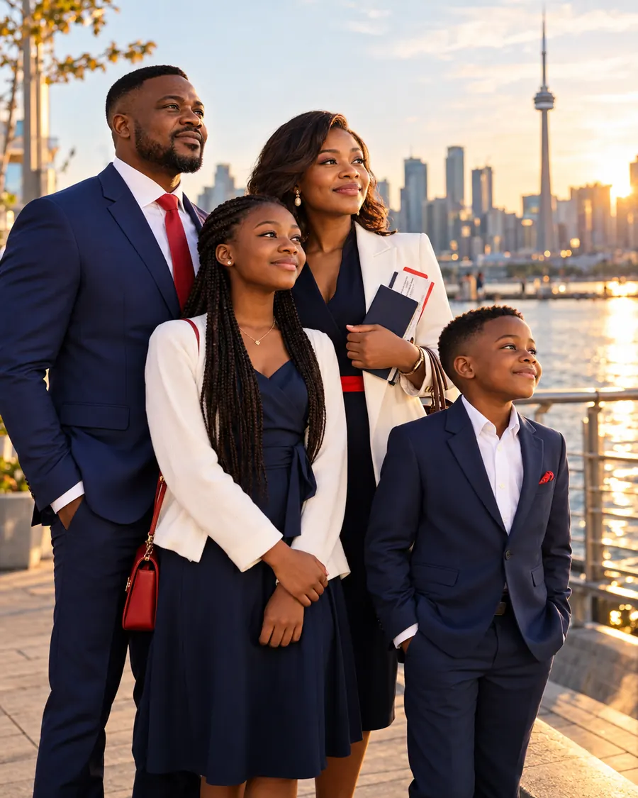 African family in front of the Toronto skyline, a symbol of a new start in Canada